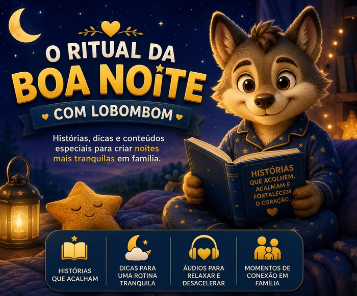 Capa do e-book As Noites do Lobombom: o Lobombom lendo uma história na cama, numa noite estrelada