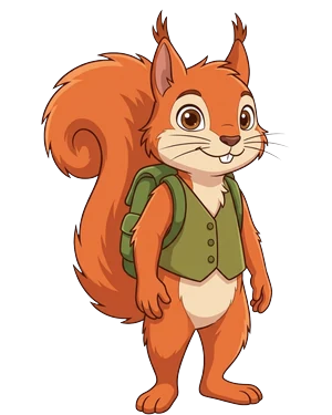 Tico, o esquilo ruivo de colete verde e mochila