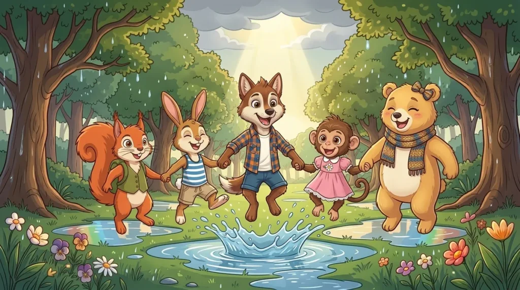 Capa da história O Dia dos Sorrisos: a turma do Lobombom de mãos dadas, pulando nas poças depois da chuva