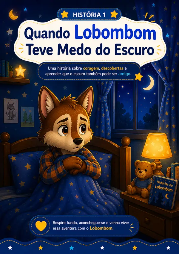 Página de abertura da história Quando Lobombom Teve Medo do Escuro, do e-book As Noites do Lobombom