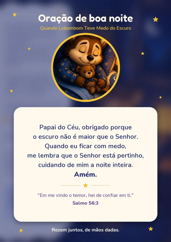 Página Oração de boa noite do e-book, com o Lobombom dormindo, uma oração para crianças e o Salmo 56:3