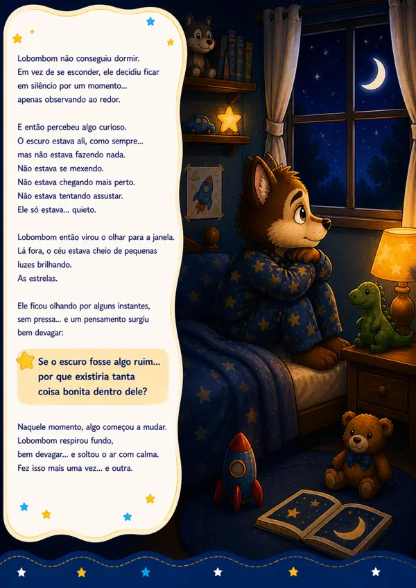 Página interna do e-book: o Lobombom de pijama olha a janela estrelada enquanto descobre que o escuro não faz nada